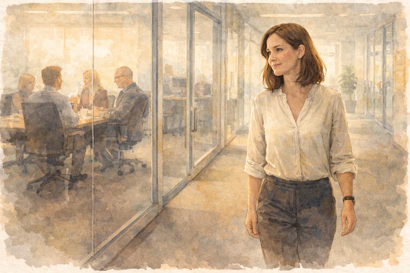 Woman walking away from a meeting with quiet confidence, reflecting sensitivity and self-awareness. Woman walking away from a meeting with quiet confidence, reflecting sensitivity and self-awareness.