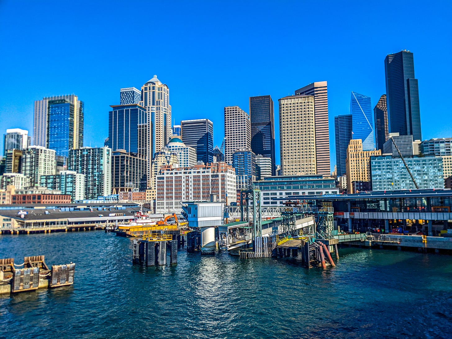 The Seattle waterfront on a sunny February day.