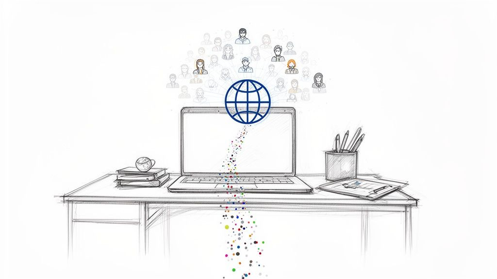 Sketch of a desk with a laptop, global network, diverse users, and data flow, symbolizing remote work.