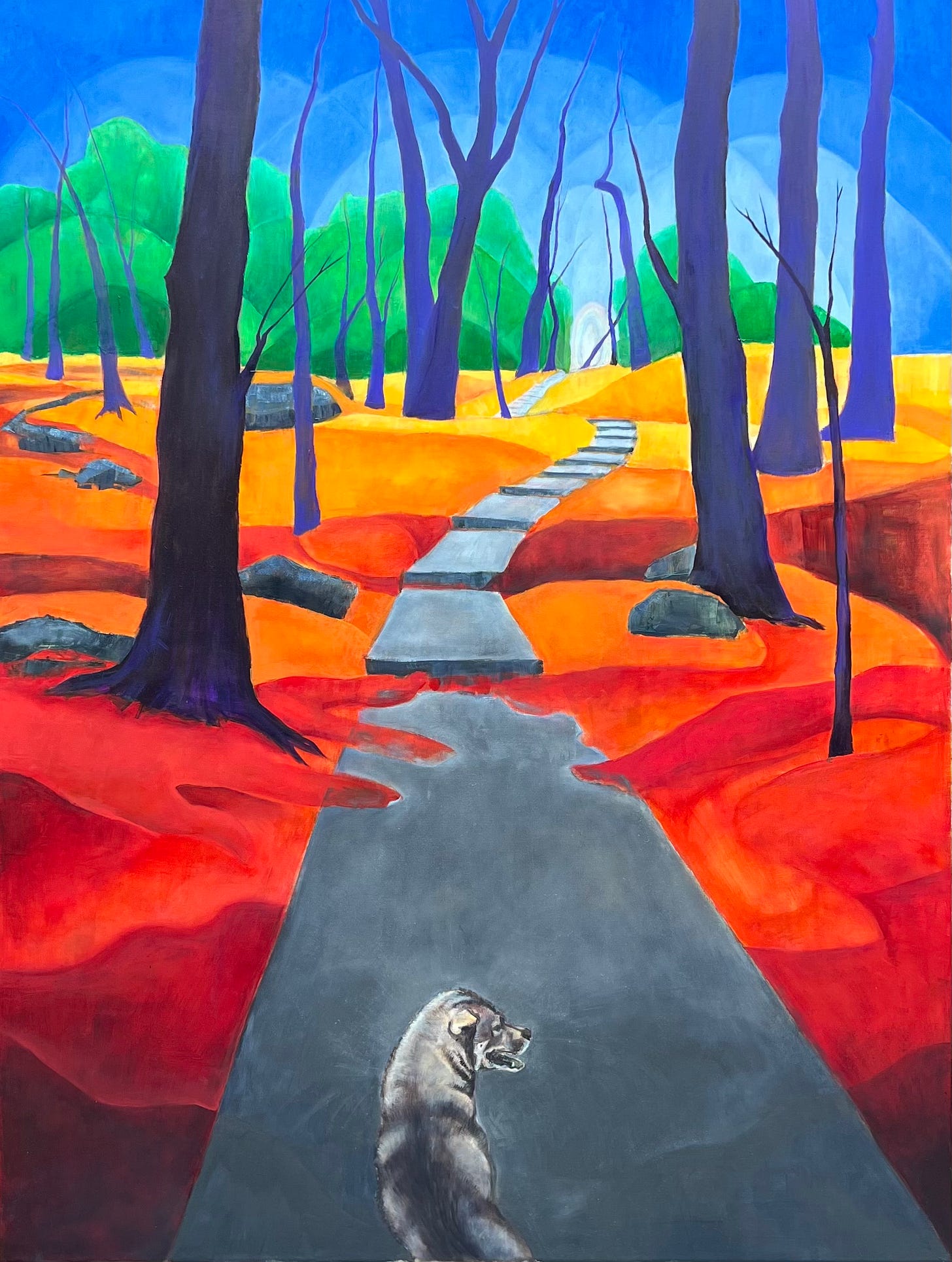 painting of Hanna's dog Sharkita passing the rainbow bridge