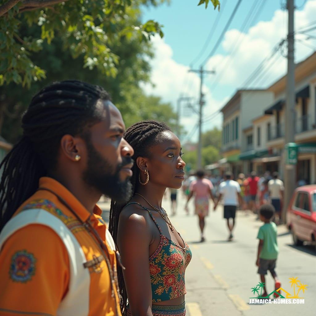 Jamaican man with dreadlocks and woman walking on a lively street