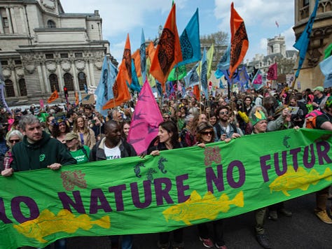 The Deus Vult meme followed by the Triggered meme, and an Extinction Rebellion protest