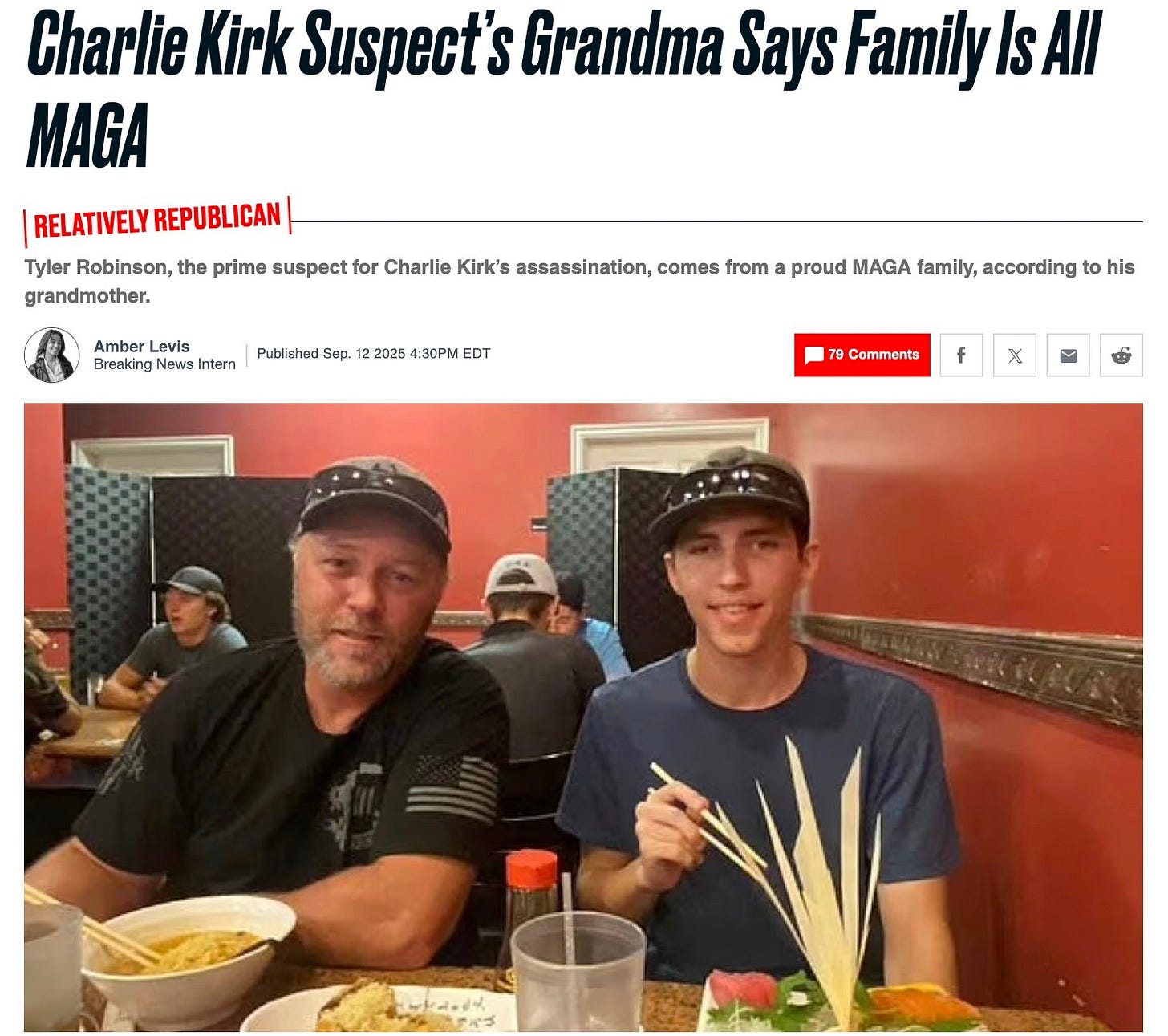 Daily Beast headline: Charlie Kirk suspect's grandma says family is all MAGA Daily Beast headline: Charlie Kirk suspect's grandma says family is all MAGA