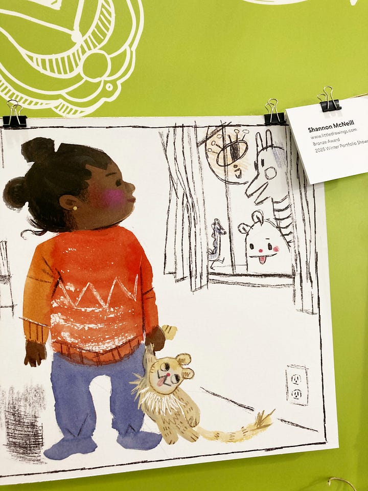 A photo of Lucia Xin's Book proposal 'Mango' and a photo of an illustration showing a girl and her teddy looking out of the window by Shannon McNeill.