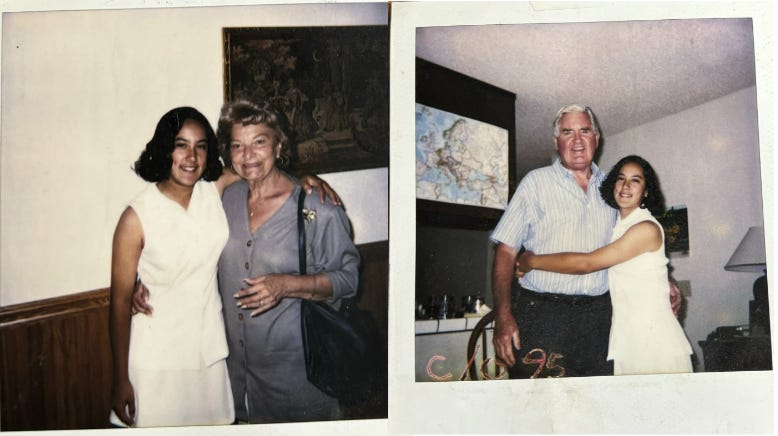 photos with self and Grandma Connie and self and Grandpa Joe in a hallway