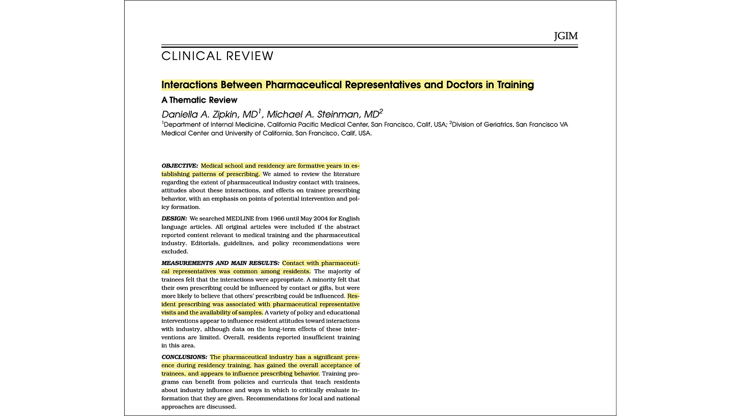 Interactions between pharmaceutical representatives and doctors in training. A thematic review (Zipkin and Steinman, 2005) Interactions between pharmaceutical representatives and doctors in training. A thematic review (Zipkin and Steinman, 2005)