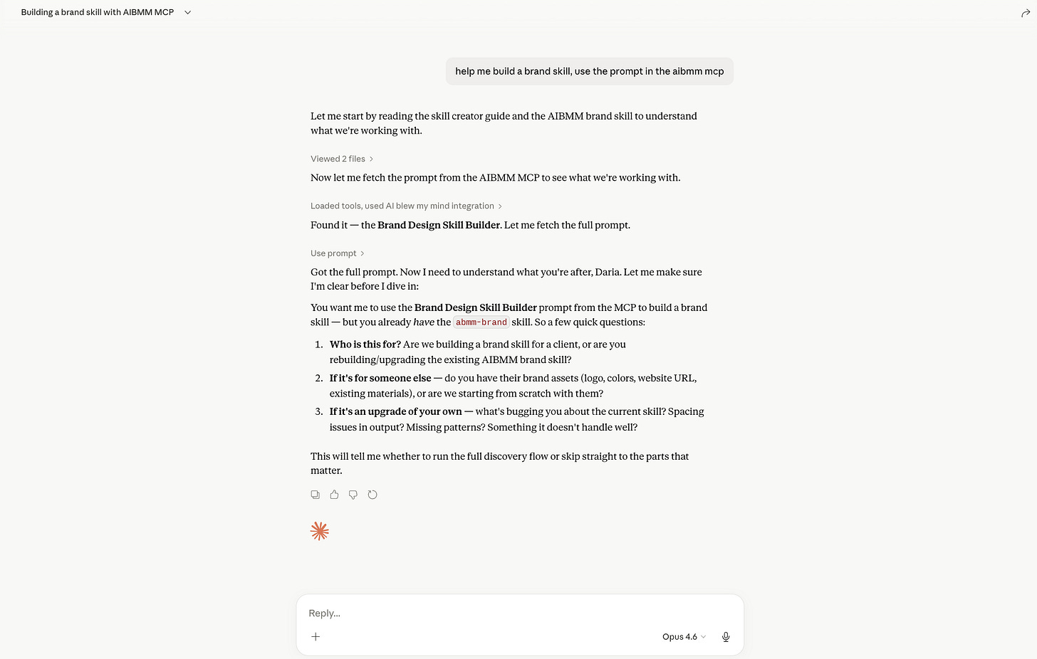 Claude AI conversation showing the Brand Design Skill Builder prompt from Amplifiers (the AI Blew My Mind MCP) library being used to create a visual brand design system as a reusable skill.