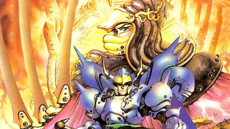Warrior in blue armor stands before a mystical figure wearing a gold crown. Background features fiery tones and tall structures. Mood: dramatic.