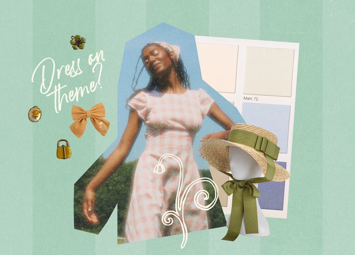 A collage image including a woman dancing in a pink and white gingham dress, a head mannequin wearing a straw hat with green ribbon.