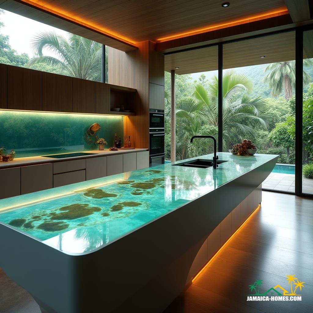 A sleek, compact, ultra-modern kitchen in Jamaica, with a futuristic island featuring a glossy, holographic countertop that displays moving images, shifting visuals in response to touch or motion. The island's interactive, living surface is surrounded by matte-finish cabinetry in a minimalist design, accented with natural wood and stone. Smart appliances and a sink are seamlessly integrated, while ambient LED lighting provides a warm glow. Large glass windows allow natural light to pour in, offering a stunning view of the tropical garden outside. The space is fully functional, with both top and bottom surfaces remaining practical for everyday use. Inspired by the futuristic aesthetic of Syd Mead, the organic curves of Zaha Hadid, and the innovative spirit of Philippe Starck, this kitchen embodies the perfect blend of innovation and island luxury. Shot on a v-raptor XL, with a cinematic film grain, subtle vignette, and meticulous color grading, this image is a masterpiece of post-processed, live-action photography, evoking the epic, stunning, and dramatic quality of a 35mm film still.