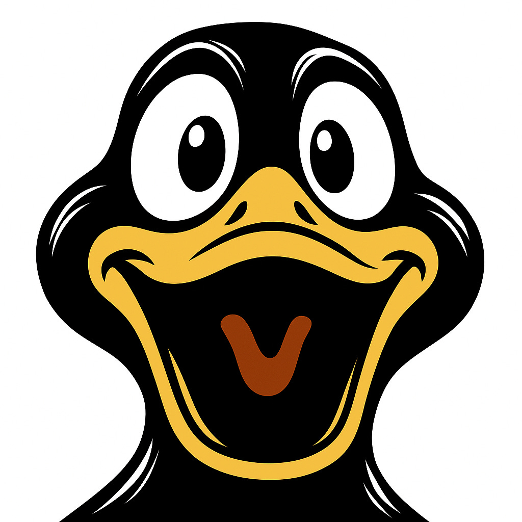 Image of the Da phaq? duck from the logo looking at the camera with a big, happy expression