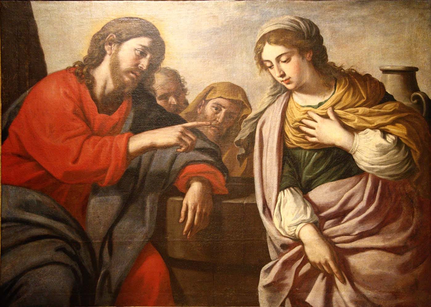Jesus speaking with the Samaritan woman beside a stone well, depicted in a classical painting, illustrating the Gospel encounter in John 4 where Jesus offers “living water.”