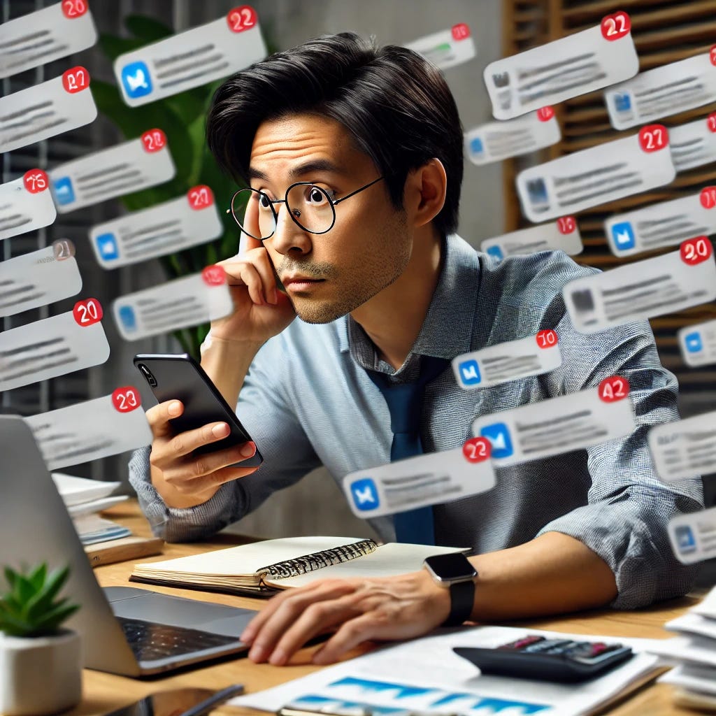 A high-definition photo of an Asian man sitting at a desk, looking stressed and overwhelmed while working. His phone and computer screen are filled with notifications and messages demanding his attention. He looks distracted and frustrated, trying to manage multiple tasks at once. The scene should include typical office elements like papers, a laptop, and a cluttered desk, conveying the sense of being pulled in many directions and unable to focus on finishing his primary task.
