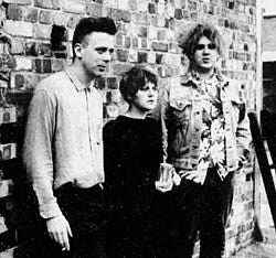 Cocteau Twins in 1985, from left to right: Simon Raymonde, Elizabeth Fraser, and Robin Guthrie