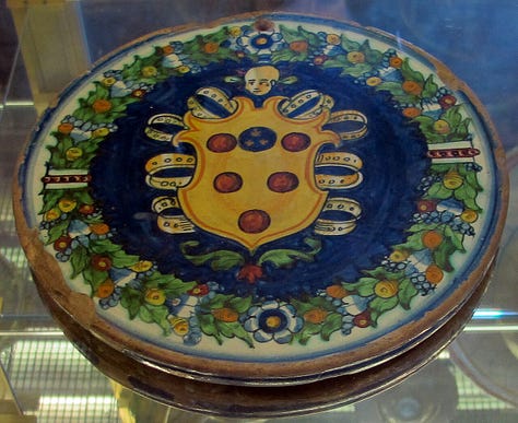 (L) Medici coat of arms containing blood oranges (C) The Gardens at Versailles (R) Man wearing a turban