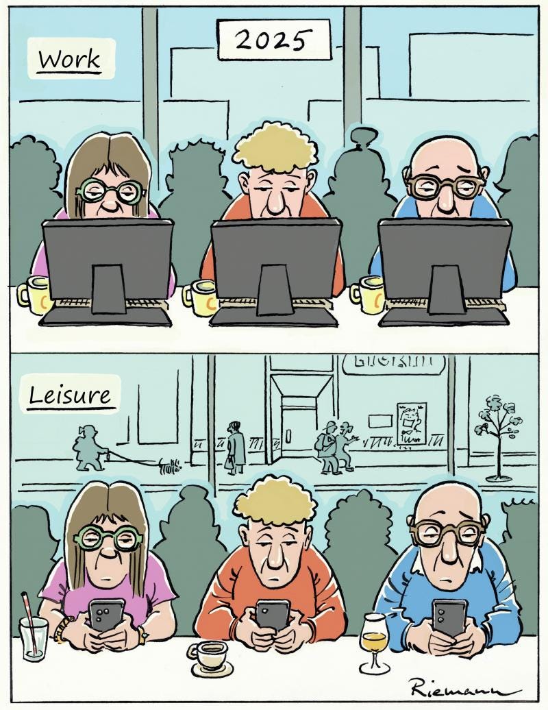People spend their work time and spare time in front of screens.