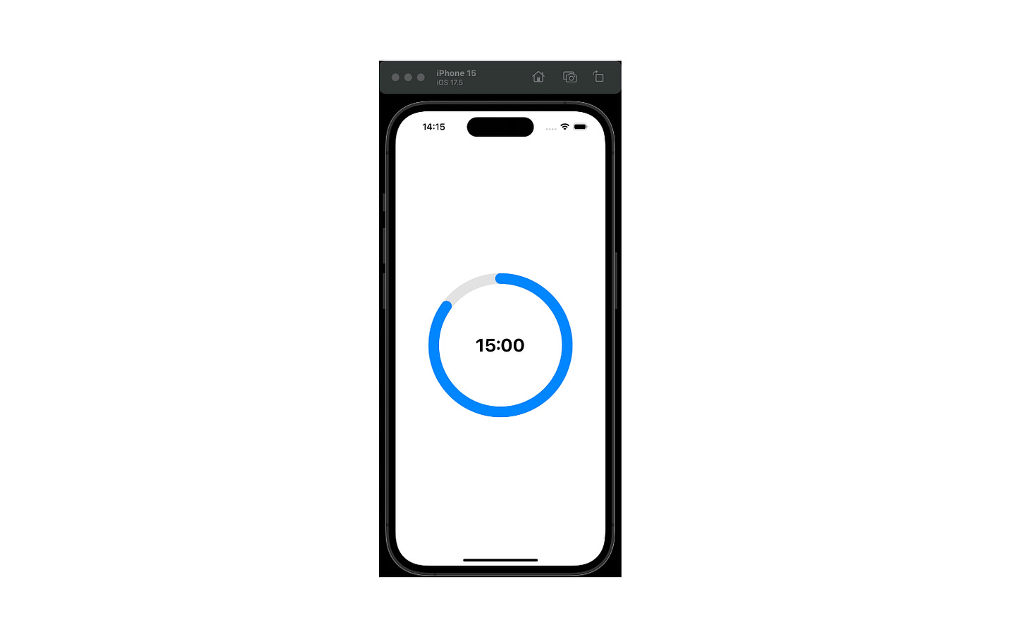 A smartphone screen showing a countdown timer set at 15:00, with a blue progress circle