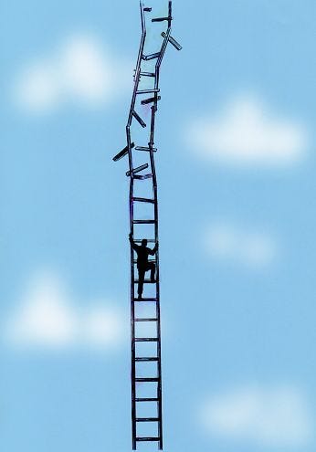 This may contain: a man standing on top of a ladder reaching up into the sky This may contain: a man standing on top of a ladder reaching up into the sky