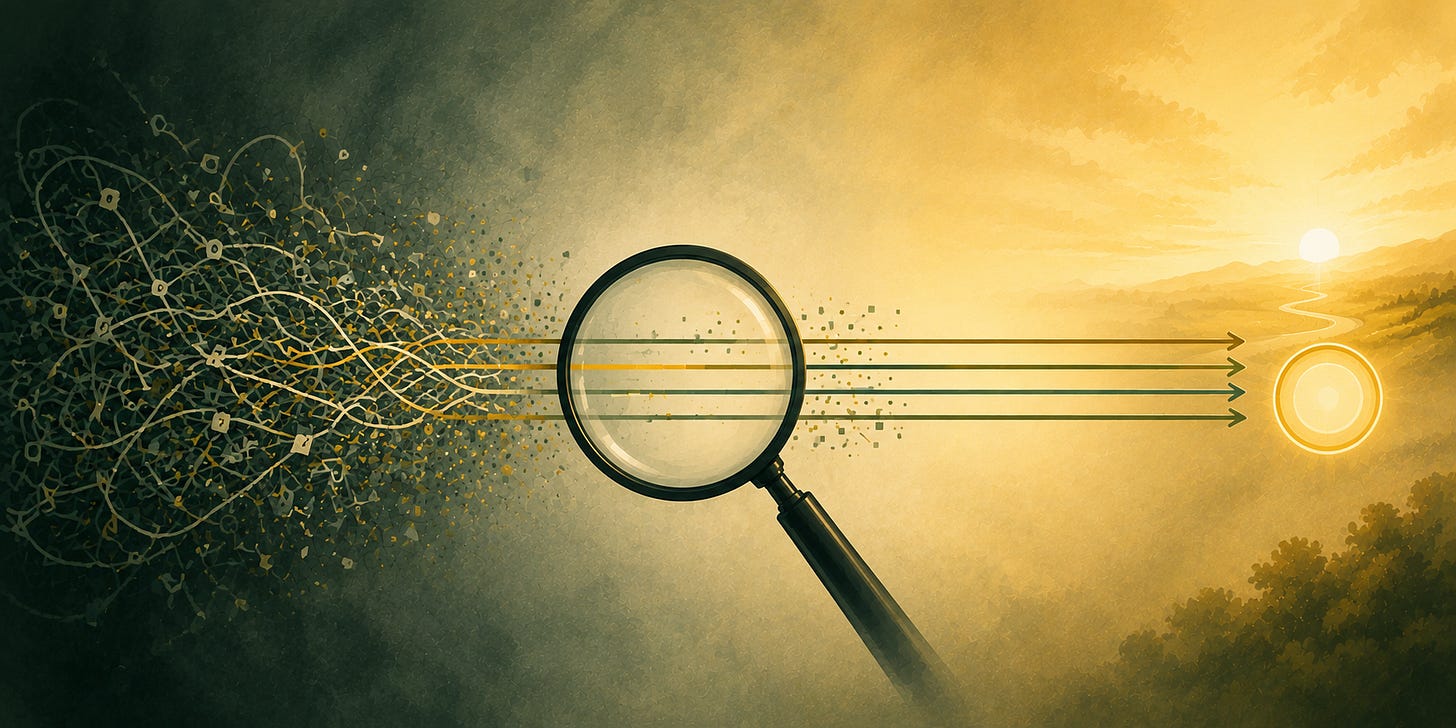 A conceptual illustration of tangled, chaotic lines on the left being brought into clear, parallel paths by a magnifying glass, leading toward a bright sunrise and winding road on the right. The dark green chaos gradually transitions into warm gold and light, suggesting that careful monitoring turns confusing information into useful signals for better decisions and greater impact.