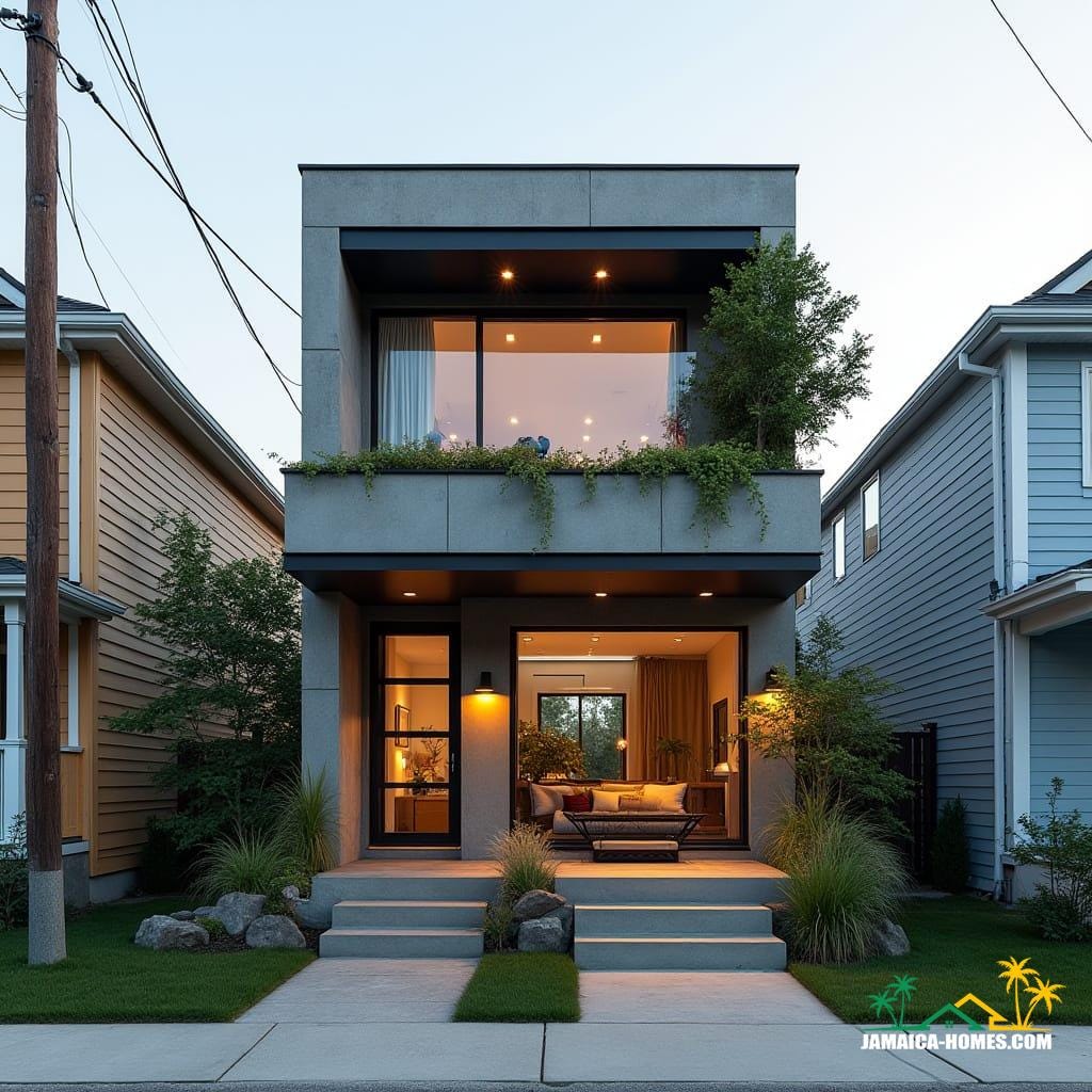 Compact Urban Modern Home Design: Single 20-ft concrete module with overlapping steel porch, urban small-lot optimized. Materials: Concrete, steel, glass, wood accents.