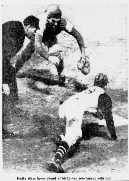 May be an image of football and text that says 'httrdinkmeodee Matty dives home ahead of MeCarver who lunges with ball.' May be an image of football and text that says 'httrdinkmeodee Matty dives home ahead of MeCarver who lunges with ball.'