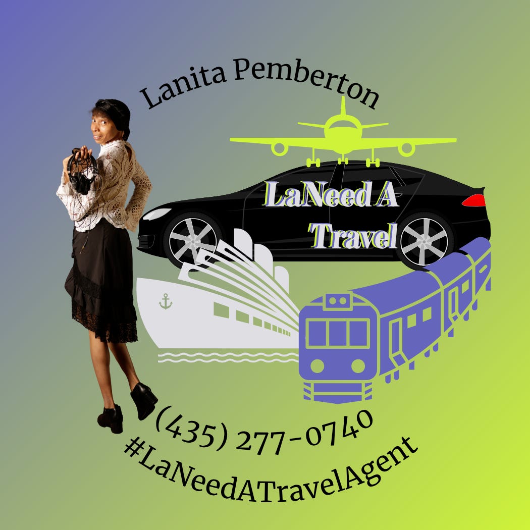 LaNeedA Travel logo image, neon green and magenta gradient background with the modes of transportation and Lanita image in-front holding headphones in a white lace top and black frilly skirt.