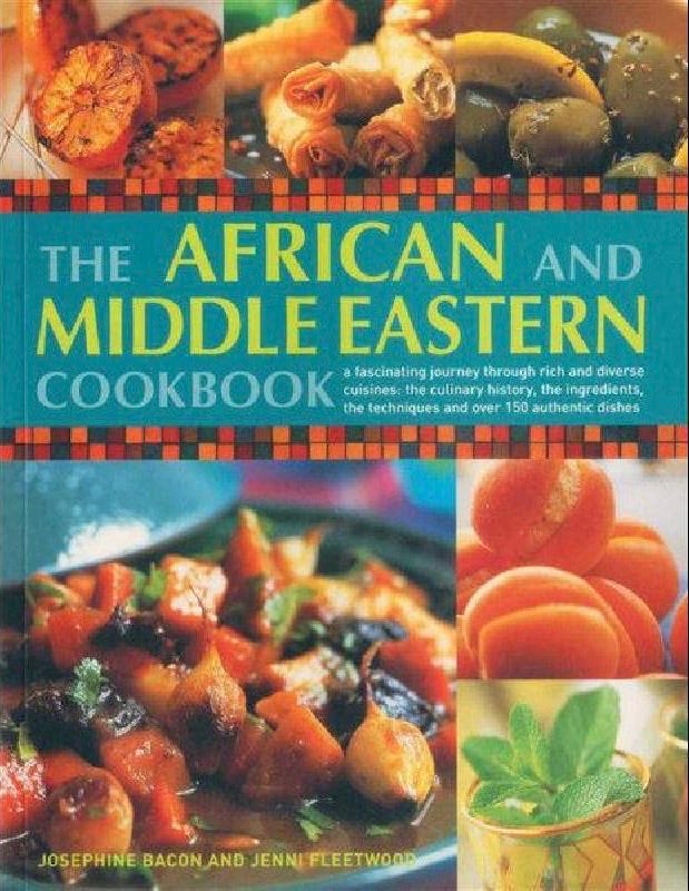 Pictured is a collage with grilled lemons, a crispy fried roll, and marinated olives. The bottom is a stewed tomato dish, mint tea, and peaches collaged together. The title “The African and Middle Eastern Cookbook” are written in a deep yellow and light blue font. The title section has a kente pattern border separating the written text and food images. 