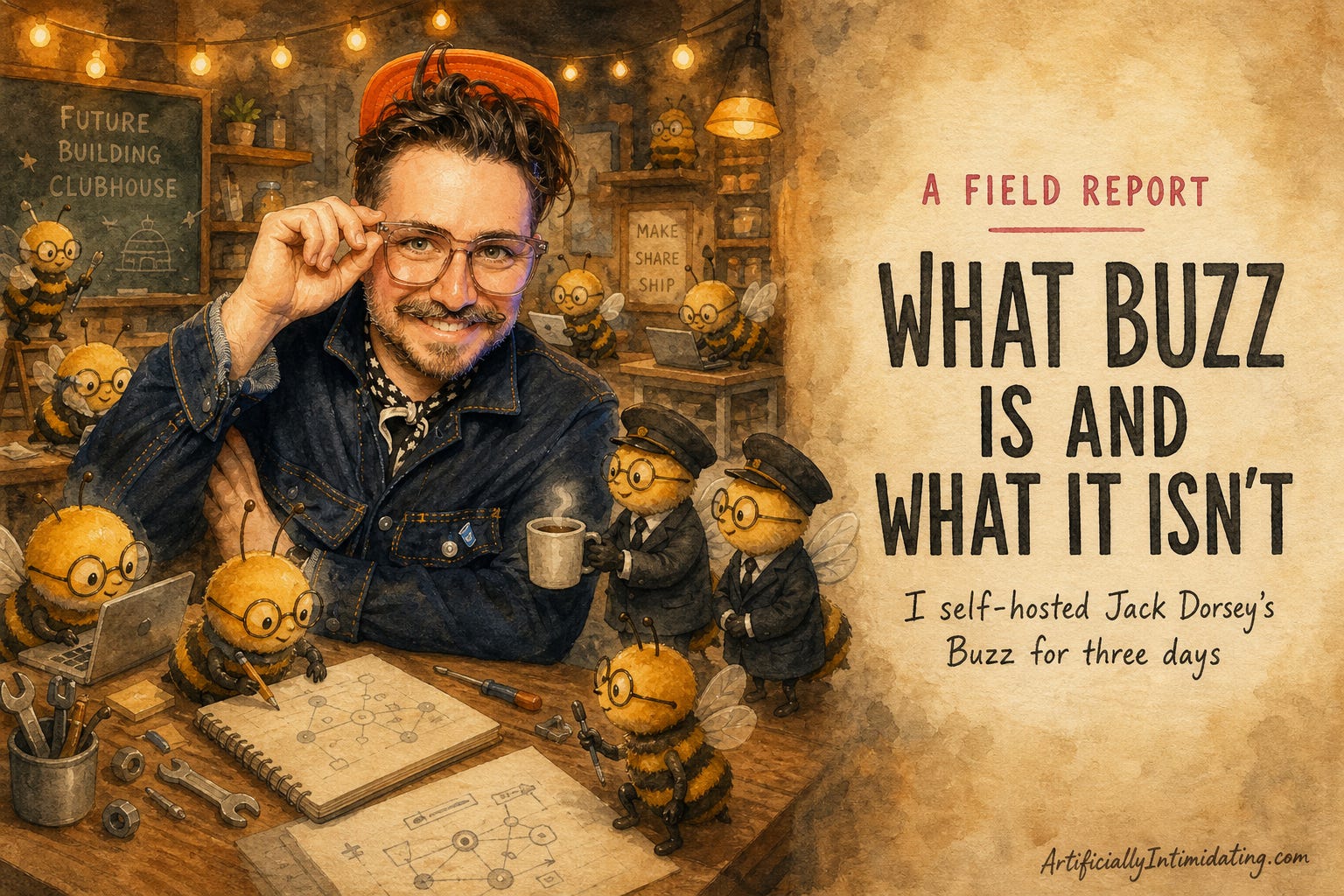 Watercolor illustration of the author at a table surrounded by a community of small clever cartoon bees working at laptops, with the hand-lettered title 'What Buzz Is and What It Isn't — a field report.'