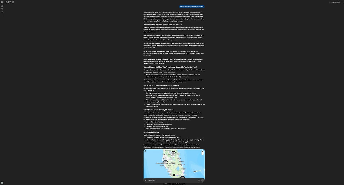 The Visible Practitioner GEO case study screenshot January 2026. ChatGPT search results for trauma-informed aromatherapist Florida query.