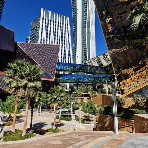The KAFD - or King Abdullah Financial District - is the center of modern Riyadh and the financial center of the country. From left to right: the KAFD Metro Station; the pedestrian zone at the center of the KAFD; the view of the KAFD highrises from the low-rise Al Mohammadiyyah luxury residential neighborhood. 