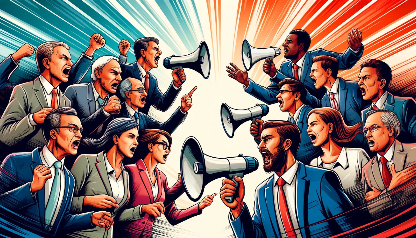 Illustration: Zwei Gruppen von Menschen in Business-Kleidung stehen sich gegenüber und schrien sich gegenseitig an. Einige haben dabei Megaphone in der Hand (KI generiert mit DALL-E)