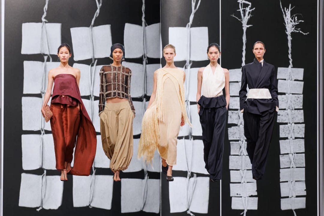 Five Kallmeyer looks in rust, plaid, cream and black against a backdrop of white paper squares and bare branches