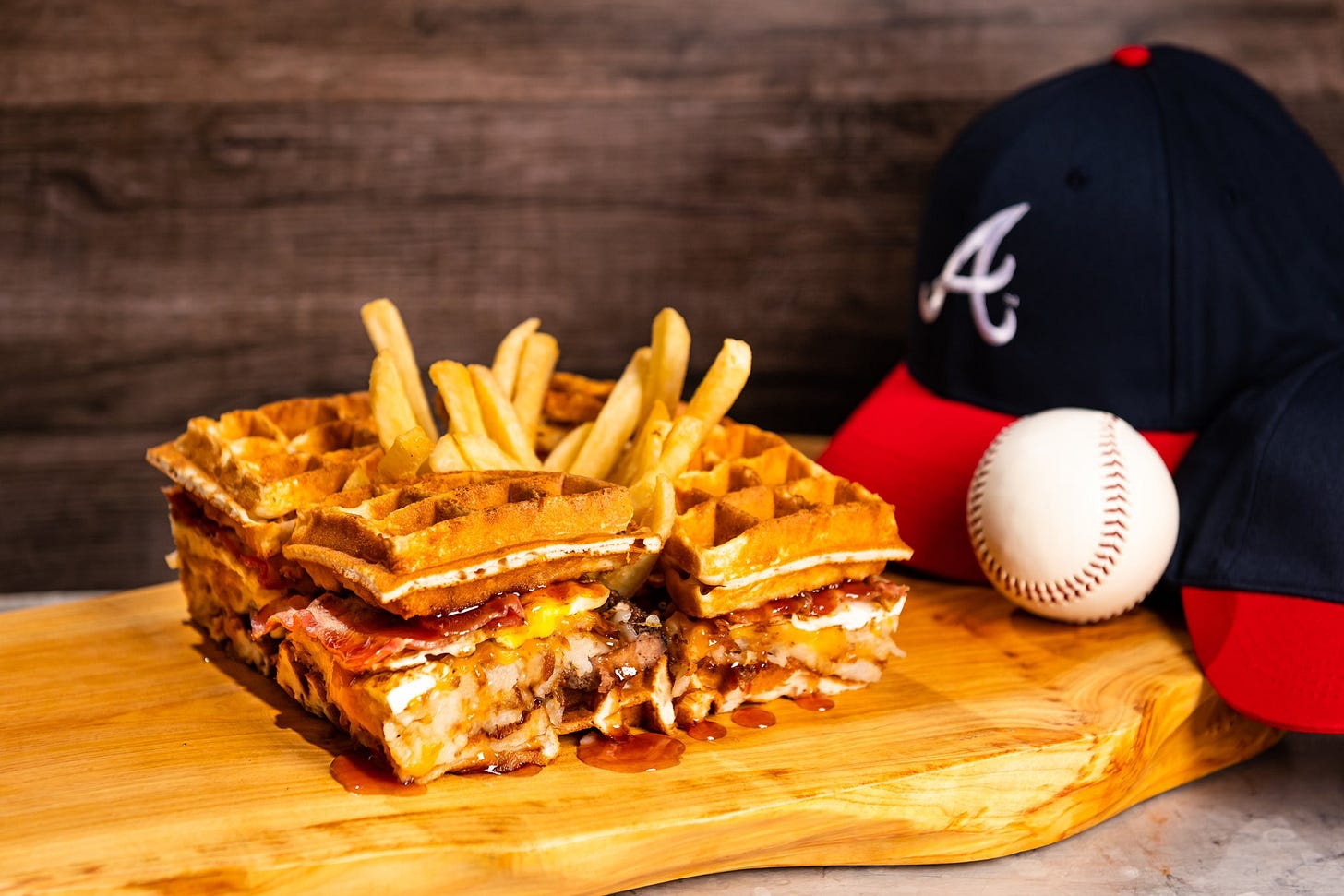 THE CLEANUP BURGER:

4️⃣ grilled all-beef patties topped with golden hash brown potato, hickory smoked bacon, cheese and sunny side-up fried egg. Served on a fresh buttermilk Belgian waffle with maple syrup. Serves anywhere from 1 (if you dare) to 4.