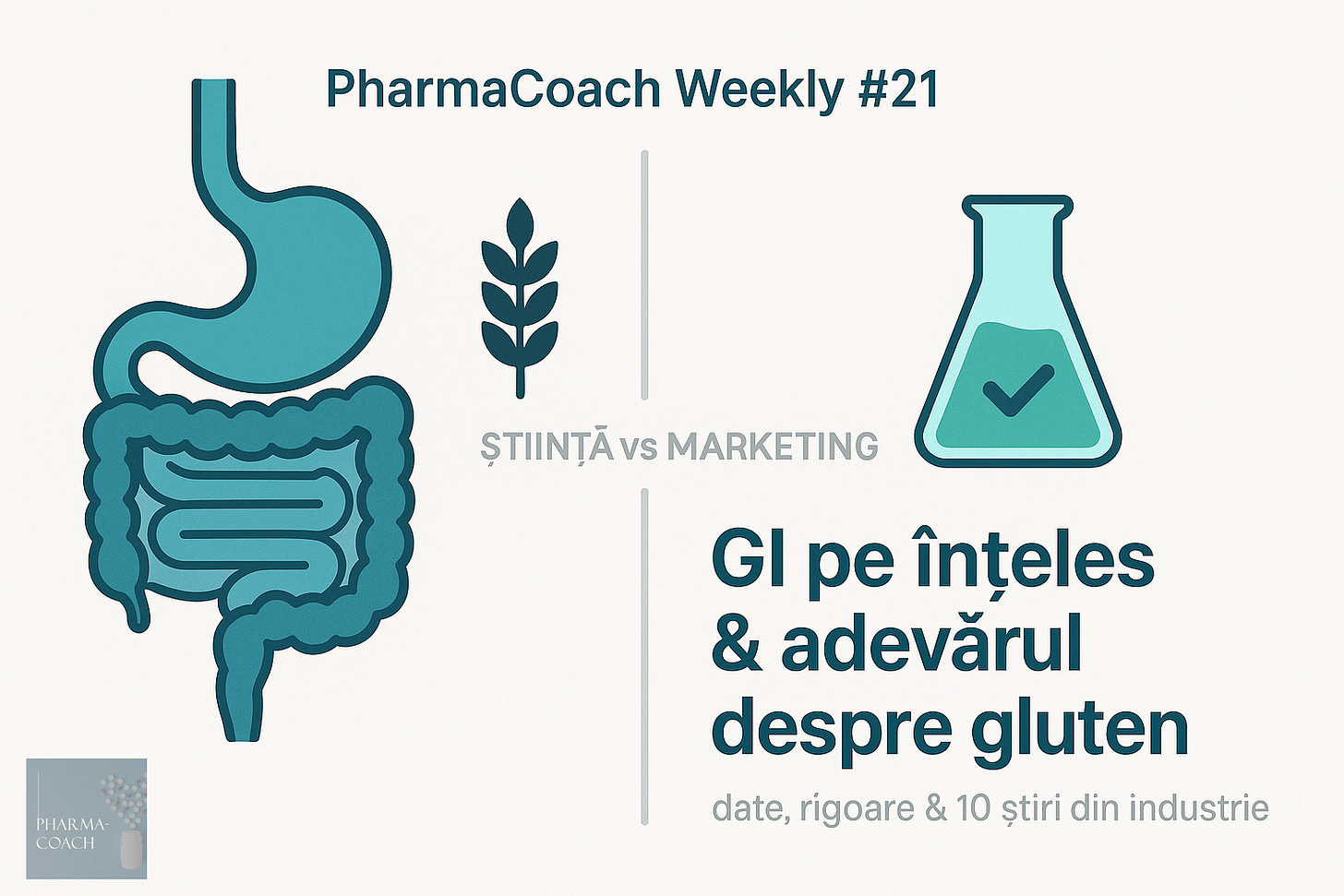 Copertă stil flat: tub digestiv și spic de grâu la stânga, eprubetă cu bifă la dreapta; între ele textul „ȘTIINȚĂ vs MARKETING”; titlul „GI pe înțeles & adevărul despre gluten” pe fundal deschis.
