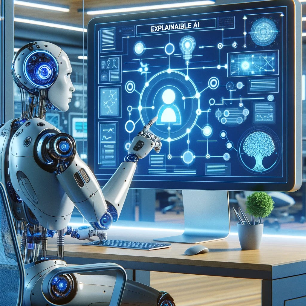 An illustration depicting the concept of explainable AI. The scene includes a humanoid robot, made of sleek, modern materials, sitting at a desk and pointing to a large digital display. The display shows a flowchart or diagram explaining a decision process, with nodes and connections. The setting is a futuristic office with high-tech ambiance, filled with various other robotic and digital elements. The style is clean, detailed, and visually appealing, with a focus on blues and silvers to suggest technology.