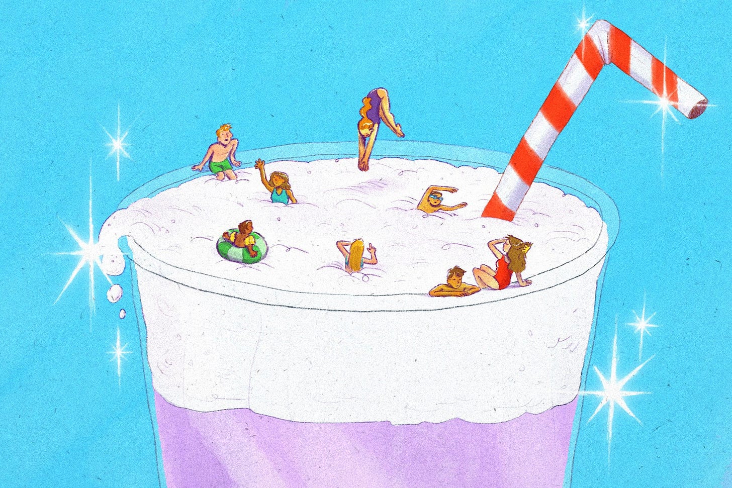 Illustration of people swimming in and diving into foam atop a purple summertime drink with a straw. Illustration of people swimming in and diving into foam atop a purple summertime drink with a straw.