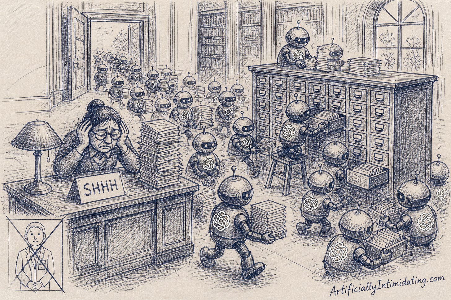 A quiet library reading room where dozens of small robots with white flower badges swarm the card catalogue carrying stacks of cards while a frazzled librarian under a pile of request slips covers their ears beside a SHHH sign, with a small crossed-out sketch of a polite visitor.