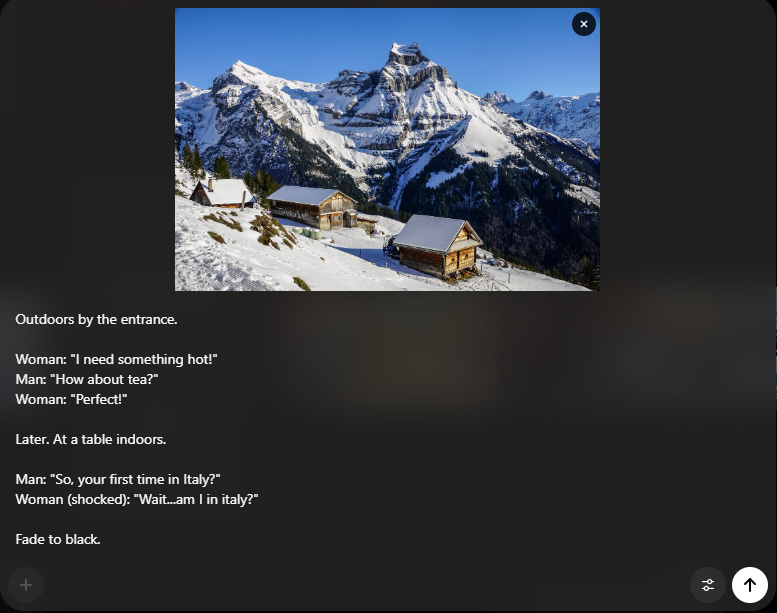 Snow-covered alpine cabins beneath dramatic mountain peaks, shown above a scripted dialogue about a woman asking for something hot, a tea suggestion, and a later scene where she discovers she’s in Italy before the scene fades to black.