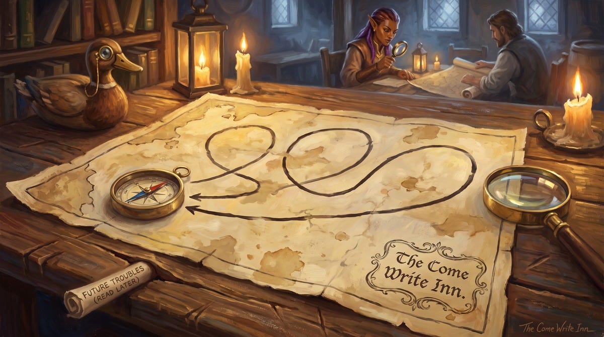 An oil-painted bird's-eye view of a hand-inked trail map on a tavern table, its path looping in three tidy circles back to the start, a brass compass beside it under stormy window light.