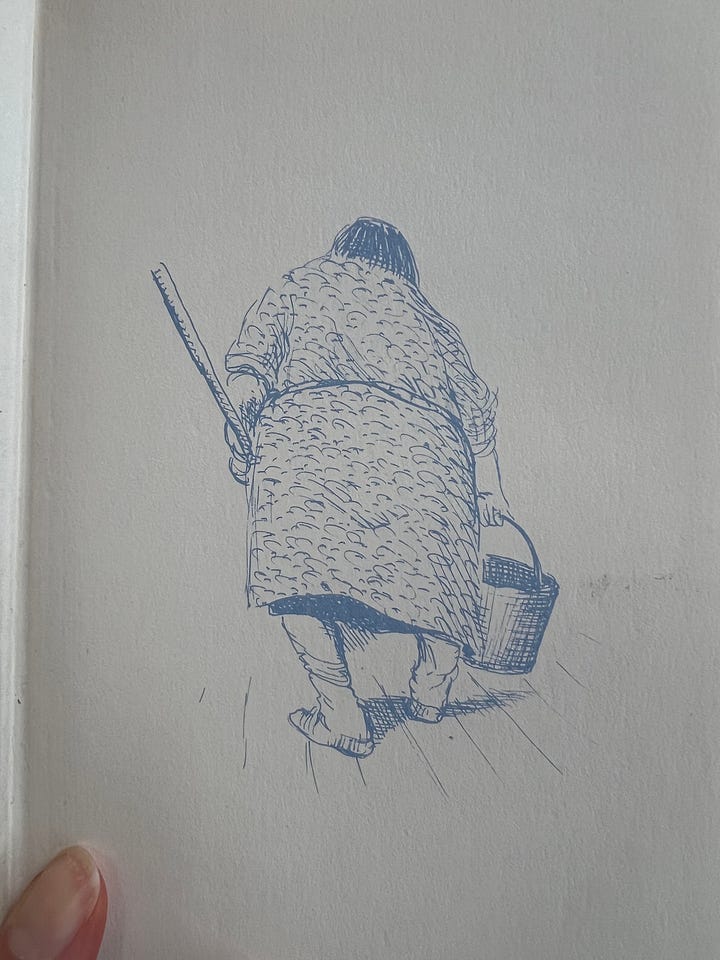 illlustrations of school cleaner in pen and ink