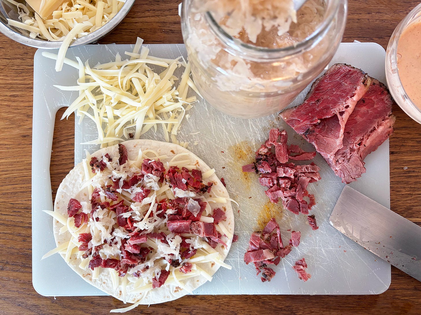 making reuben quesadilla