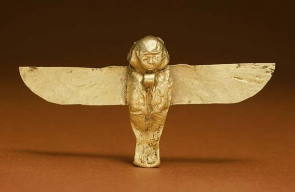 This golden Ba amulet from the Ptolemaic period would have been worn as an apotropaic device to ward off evil or bring good luck. This golden Ba amulet from the Ptolemaic period would have been worn as an apotropaic device to ward off evil or bring good luck.