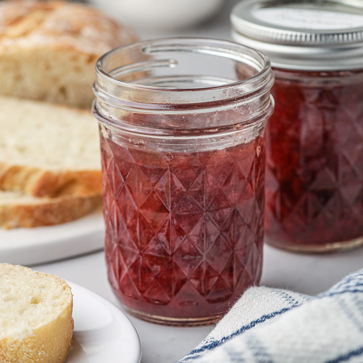 Jars of homemade strawberry jam.