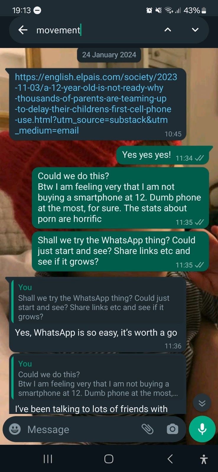 Daisy texts Clare an article about a mum in Barcelona whose WhatsApp group to delay smartphones goes viral, and they decide to start their own Daisy texts Clare an article about a mum in Barcelona whose WhatsApp group to delay smartphones goes viral, and they decide to start their own