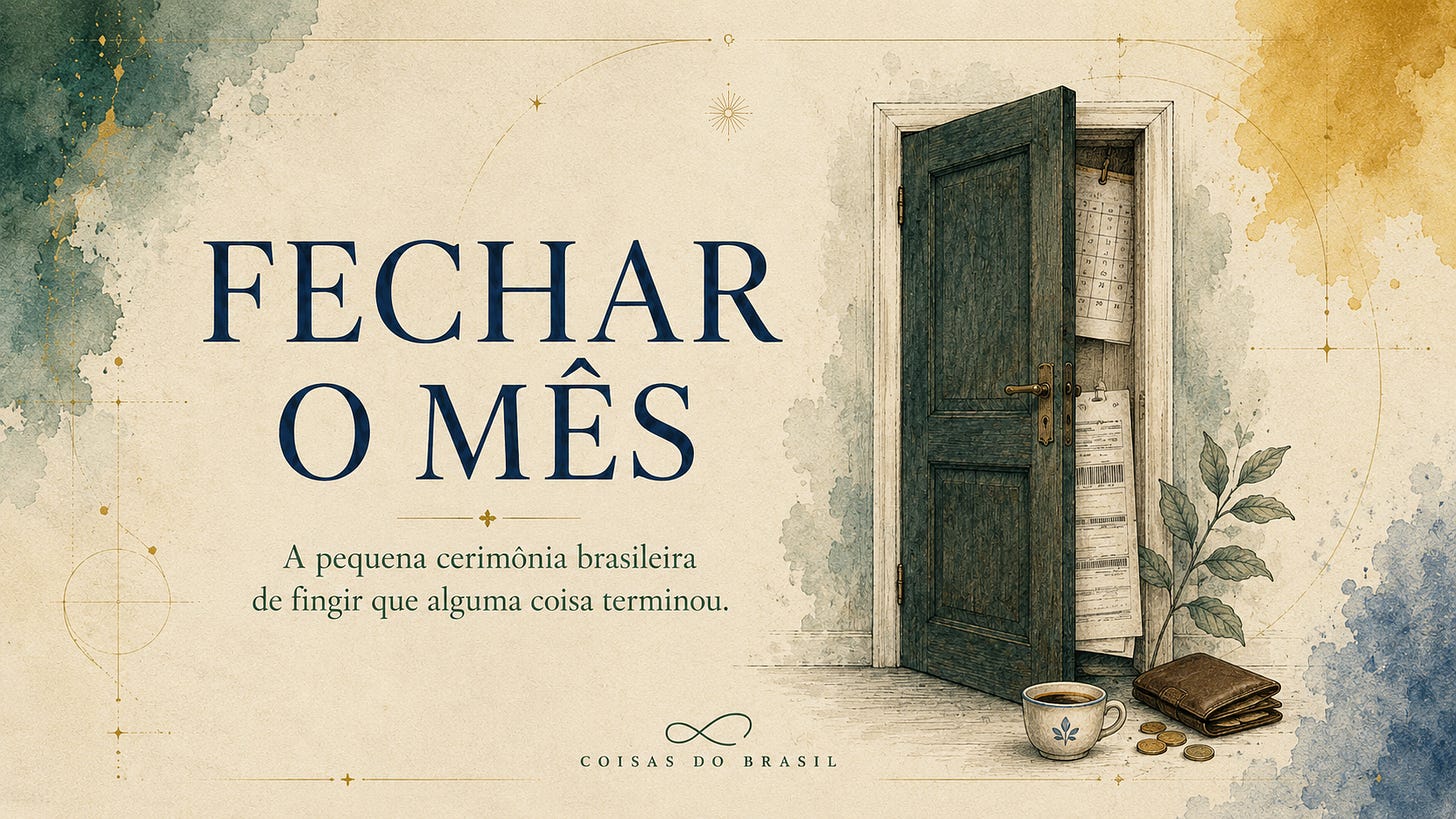 Ilustração editorial em estilo aquarelado sobre fundo de papel antigo. À esquerda, o título “Fechar o mês” em letras serifadas azul-escuras; à direita, uma porta azul entreaberta com contas, calendário, carteira, moedas e uma xícara de café, sugerindo a tentativa de encerrar o mês financeiro no cotidiano brasileiro.