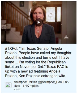 A video ad featuring Texas Senator Angela Paxton expressing her support for the Republican ticket in the upcoming election. AI-generated content may be incorrect.