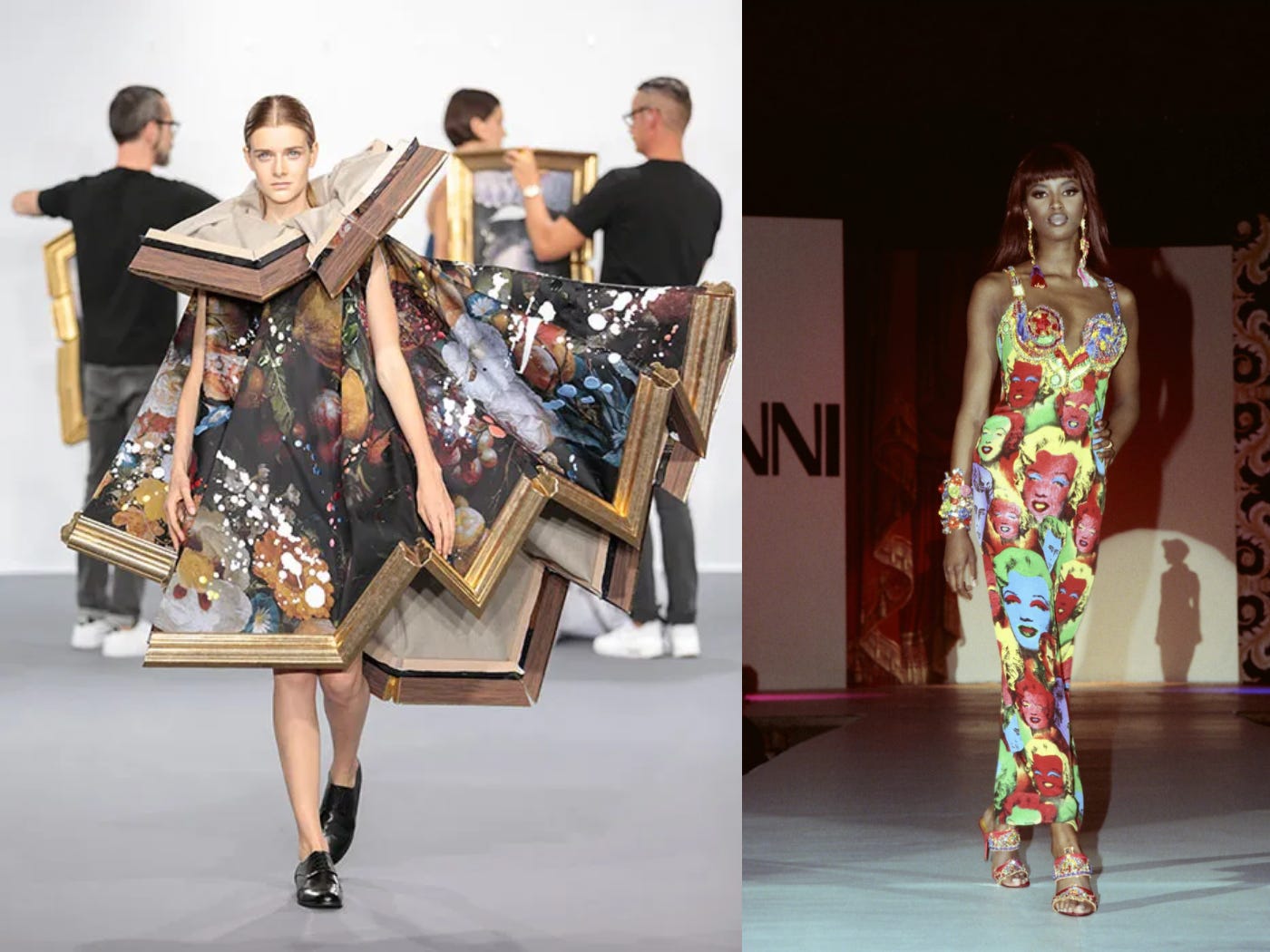 Two side-by-side runway images: a Viktor & Rolf model wearing a dress constructed with oversized picture-frame shapes, and Naomi Campbell in a colorful Versace dress printed with Andy Warhol-style portraits. Two side-by-side runway images: a Viktor & Rolf model wearing a dress constructed with oversized picture-frame shapes, and Naomi Campbell in a colorful Versace dress printed with Andy Warhol-style portraits.