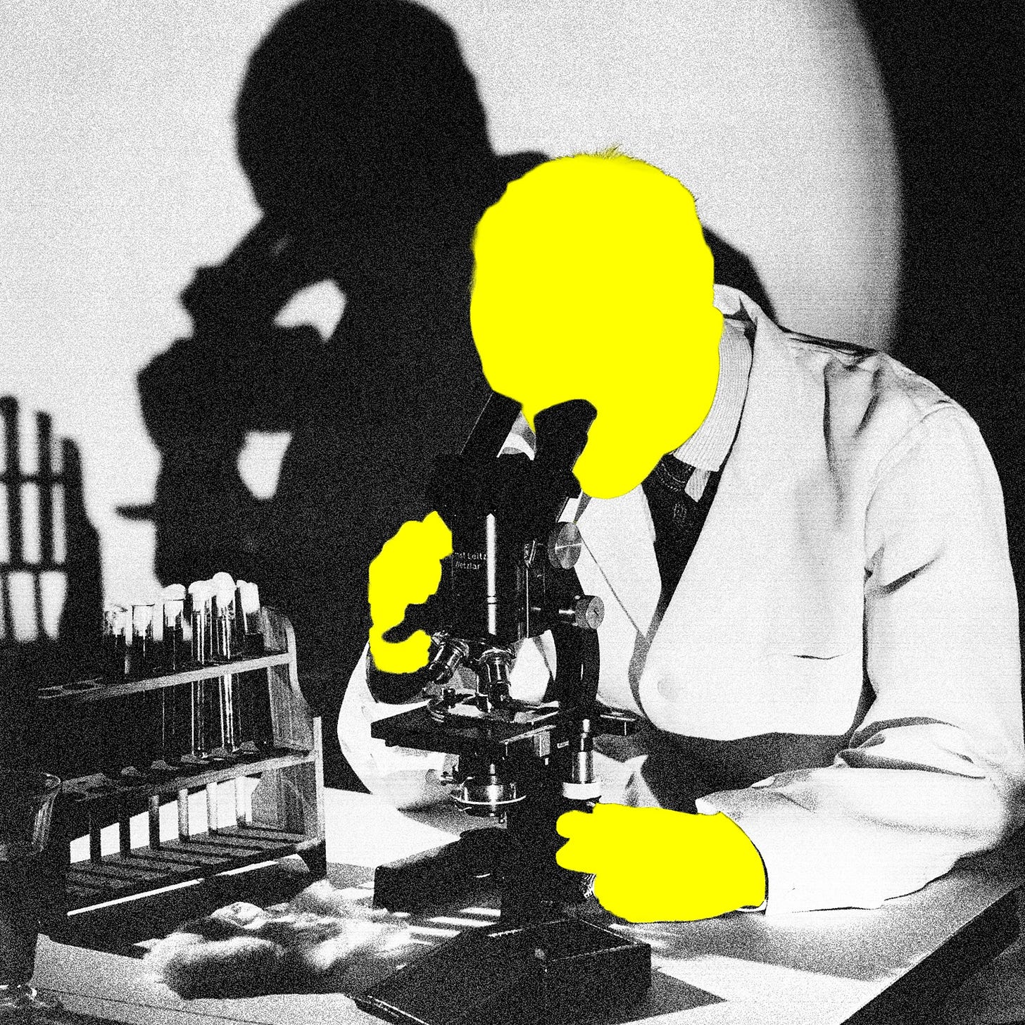 A photo illustration of a scientist with their hands and face overlaid in yellow with the rest of the photo being black...