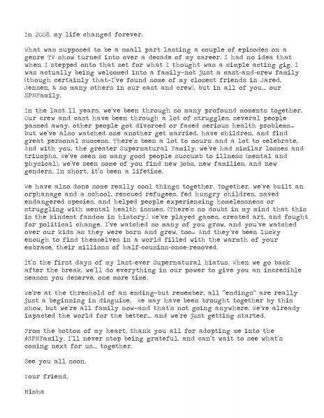 Misha Collins teary letter to Supernatural fans. Misha Collins teary letter to Supernatural fans.