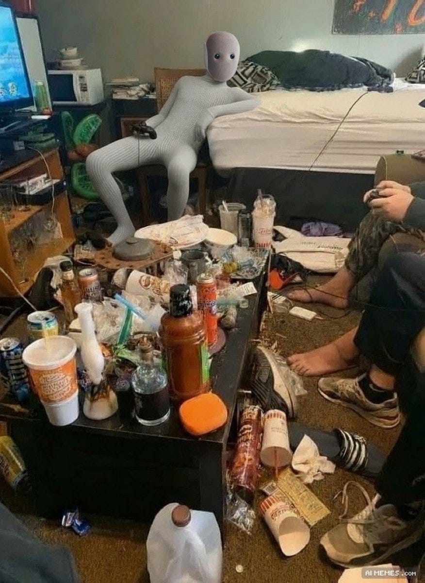 A cluttered bedroom with a gray mannequin figure lounging on the floor surrounded by scattered trash including empty bottles, cups, cans, snack wrappers, and clothing items on a wooden table and carpeted floor. A gaming console and controller are visible nearby with a TV in the background. The room appears disorganized with various household items strewn about.